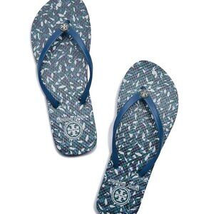 Tory Burch Navy & White Logo Classic Patterned Flip Flop Sandals 7